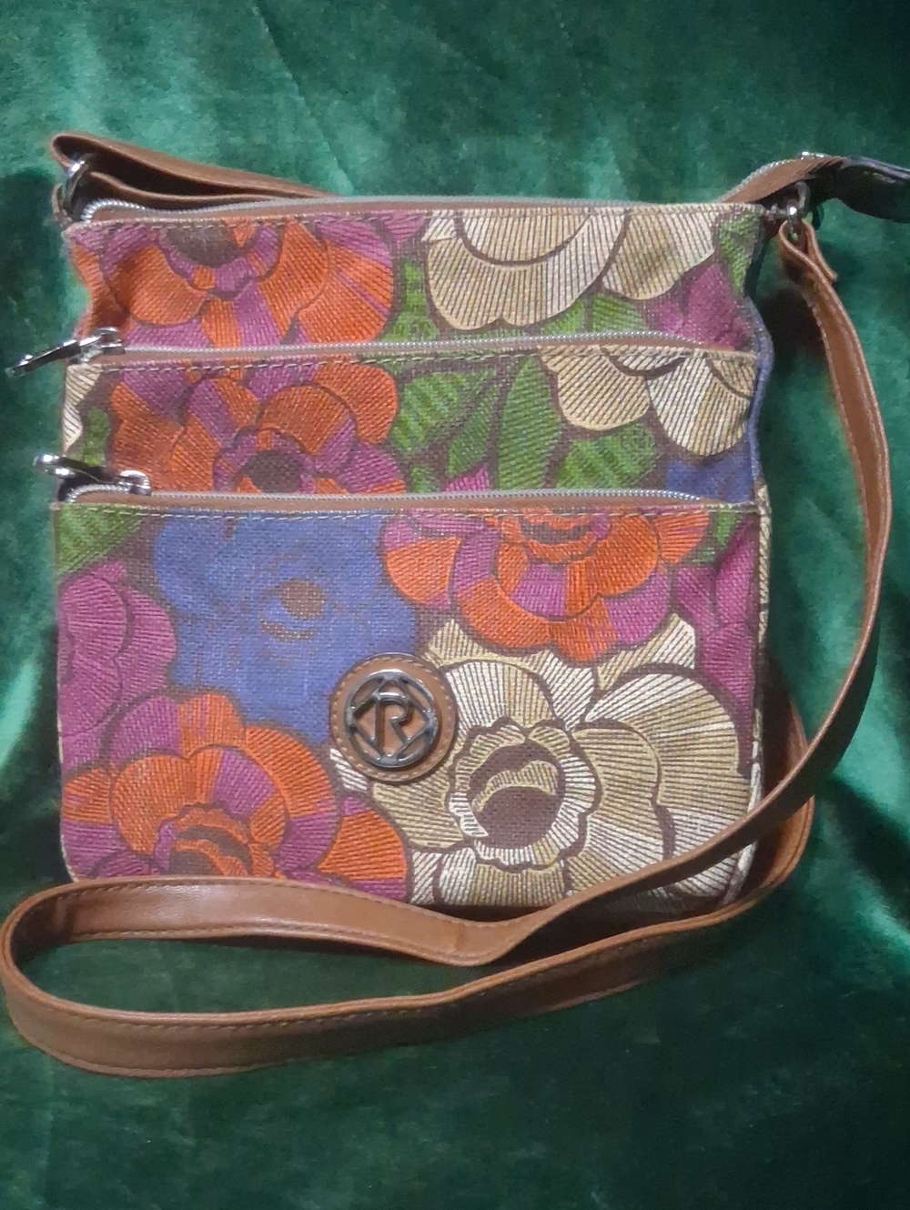 Relic Floral Canvas Triple Zip Crossbody Bag Boho Multicolor Purse Faux Leather